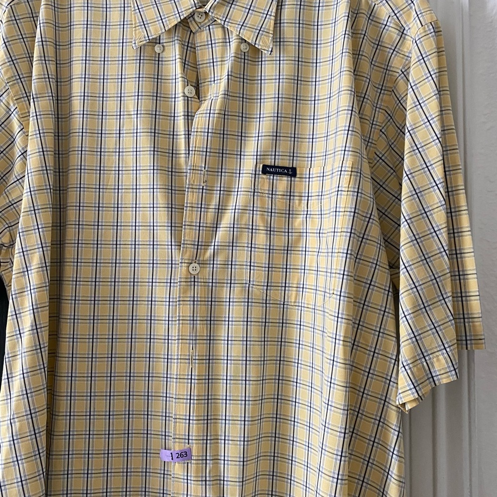 Nautica Men's Yellow and Blue Plaid Button Down Shirt